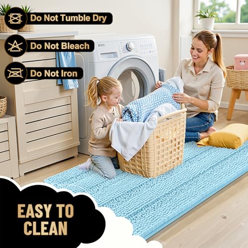 Image of OLANLY Thick Bathroom Runner Rugs 44x24, Extra Absorbent Chenille Striped Bath Rugs, Rubber Backing, Machine Wash Dry, Long Bath Mats for Bathroom, Tub and Shower, Home Decor Accessories, Sky Blue