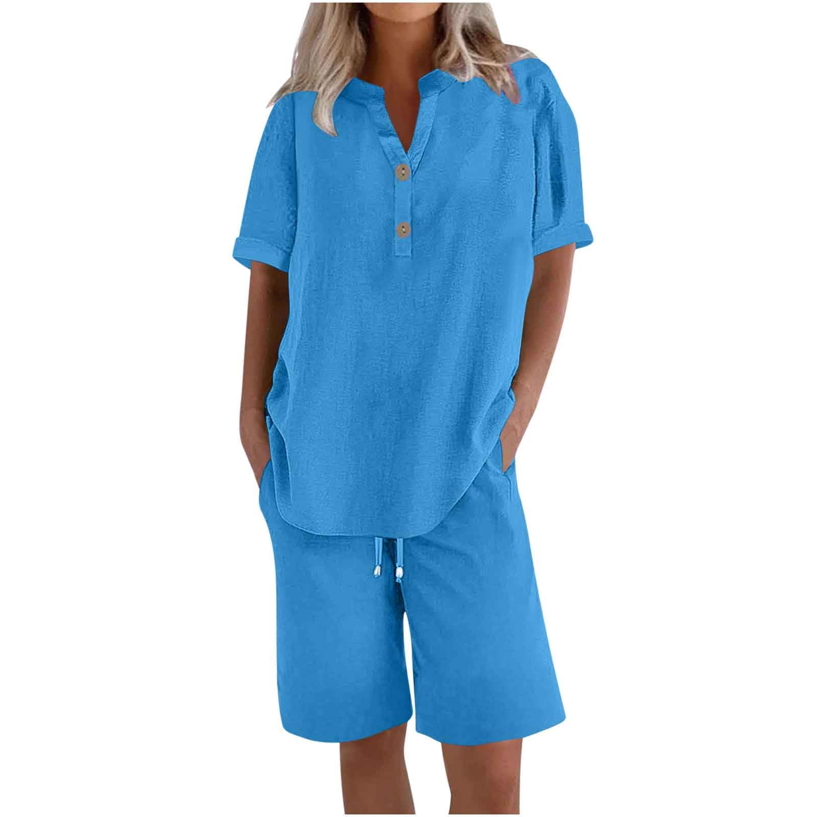RLEHJN Ensemble De Survêtement En Coton Lin Femme Été Chemise + Short De Jogging Tenue Sport Décontracté Streetwear Tenue De Plage Loungewear Casual Outfit Ensemble Coton Et Lin Femme Pour Vacances