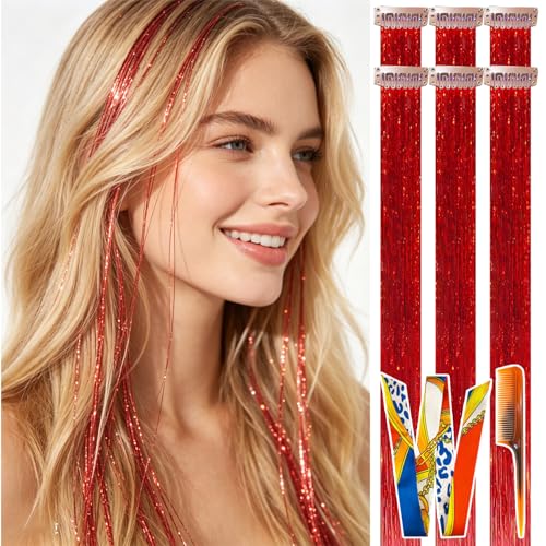 CELINABELLA Bright Red Hair Tinsel Clip-in 23Inch 70Strands Heat Resistant Vibrant Sparkle Hair Extensions 6PCS with Comb & Ribbon for Women Teens Wedding Festival