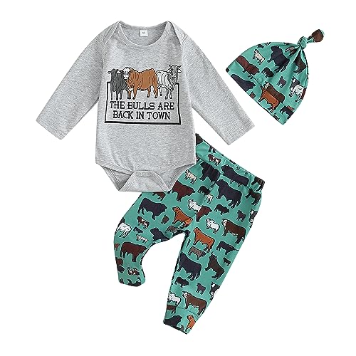 Image of SAYOO Western Newborn Baby Boys Cowboy Outfit Cow Print Letter Bodysuit Long Leggings Cap 3pcs Infant Boy Country Clothes