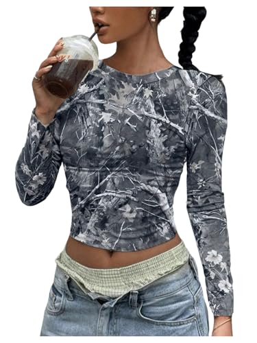 SOLY HUX Women's Tie Dye Crop Top - Y2K Button Down Long Sleeve Fitted Blouse For Festivals