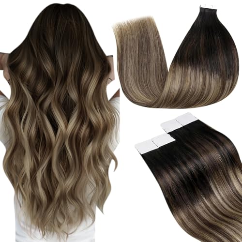 Image of LaaVoo Hair Extensions Tape in Balayage Human Hair Comfortable for Women | Black to Chestnut Brown Mixed Caramel Blonde, Tape in Extensions Human Hair, Easy to Styled with Heat, Remy, 18Inch 20Pcs 50G