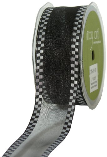May Arts 1-1/2-Inch Wide Ribbon, Black Sheer with Check Edge