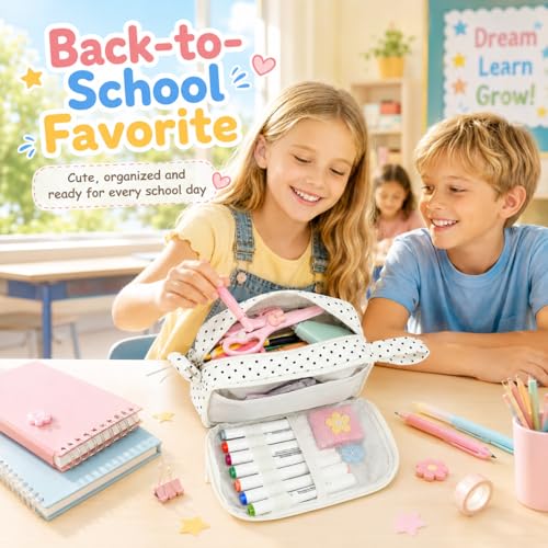 Image of Bluboon Big Capacity Pencil Case Pencil Pouch Pen Case School Supplies Cute Pencil Box Pencil Bag for Teen Girls Boys Women Man (Black dots - White)