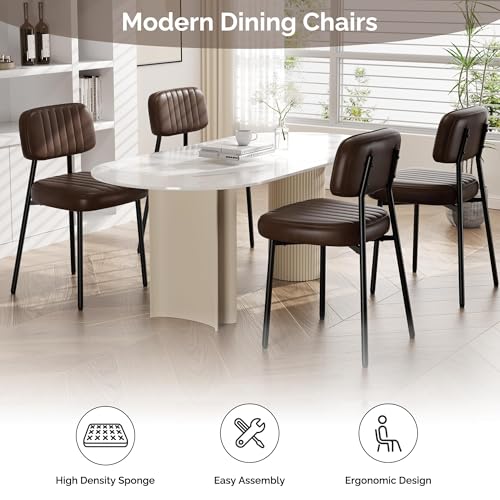 Image of Dining Chairs Set of 6, Modern Faux Leather Dining Chair with Thick Cushions Seat Back and Metal Legs, Comfy Upholstered Kitchen Chairs for Dining Living Room (Coffee)