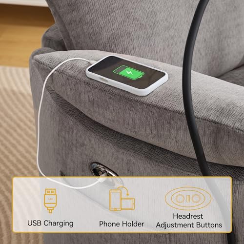 Image of Power Recliner Chairs, 360 Swivel Rocking Chair Nursery with USB /Type-C & Phone Holder, Gilder Reclining Chair with Side Pocket for Adults, Barrel Recliners for Living Room, Chenille Light Grey