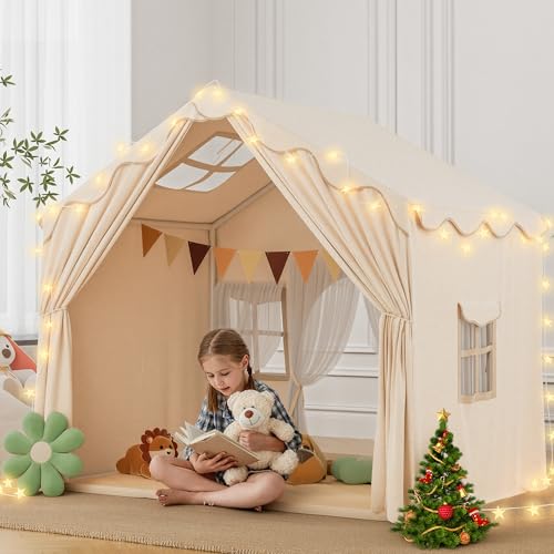 Tipi Tienda de campaña para niños, con Manta Acolchada, Cadena de Luces, Bolsa de Transporte, Tienda de campaña para niños, Estilo Montessori (Beige)
