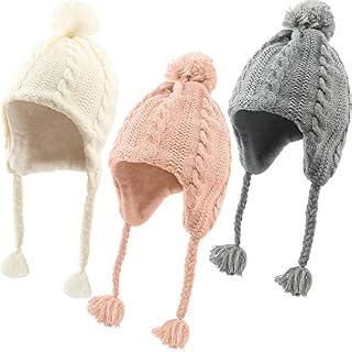 Rcanedny 3 Pack Girls Winter Hat Knit Stretchy Fleece Hats with Warm Ear Flap for Toddler Girls Winter Warm Hats