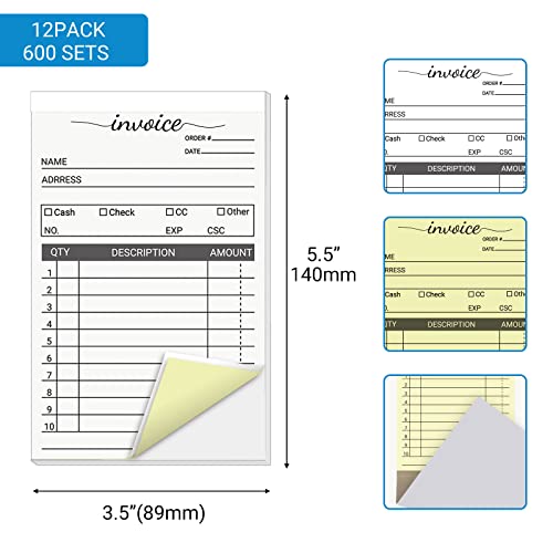 suituts 12 Pack Invoice Books for Small Business, 3.5 x 5.5 Inch 2 Part Carbonless Receipt Books, Carbon Duplicate Copy Order Form Book, Convenient Invoice Pads, 50 Sets Each Pad,Total 600 Sets - Thumbnail 2