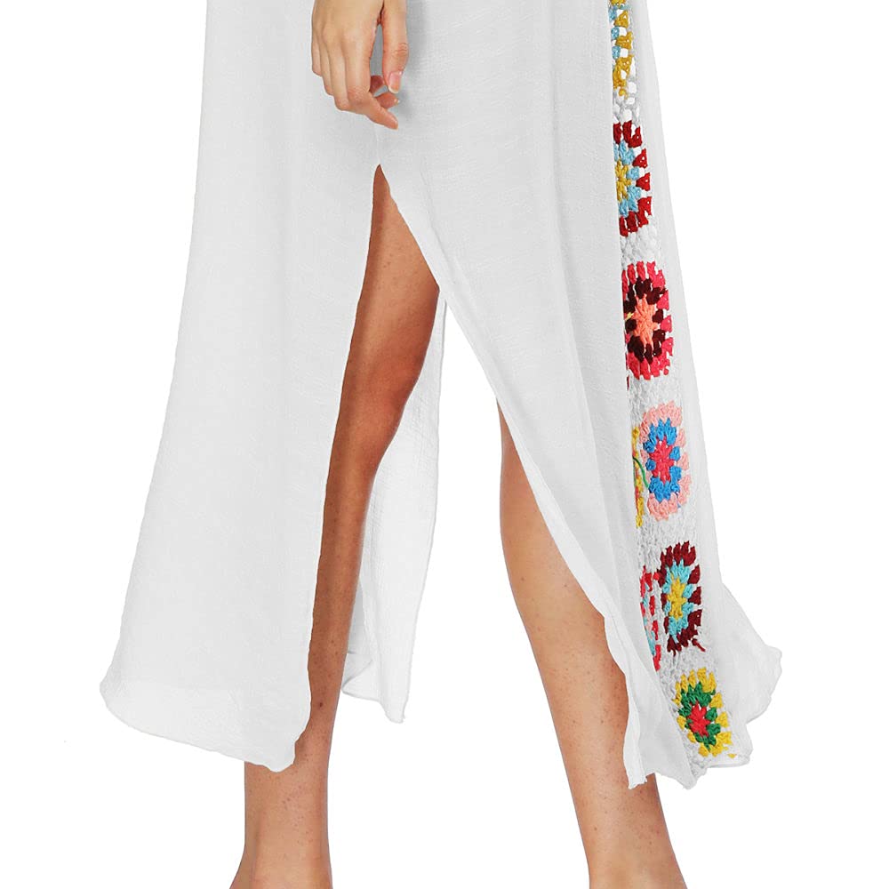Abiti Eleganti Donna,Abiti Da Spiaggia Da Donna Boho Fatti A Mano All'Uncinetto Splicing Con Scollo A V Costumi Da Bagno Bikini Cover Ups Sexy Vedere Attraverso Spacco Laterale Abito Caftano Plus Si