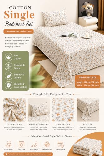 Image of IVAZA 220 TC Soft Ezyption Cotton Floral Single Bed Sheet - Single bedsheet with 1 Pillow Cover Hypoallergenic, Brethable, (Size- 90 x 60 Inch Brown & White