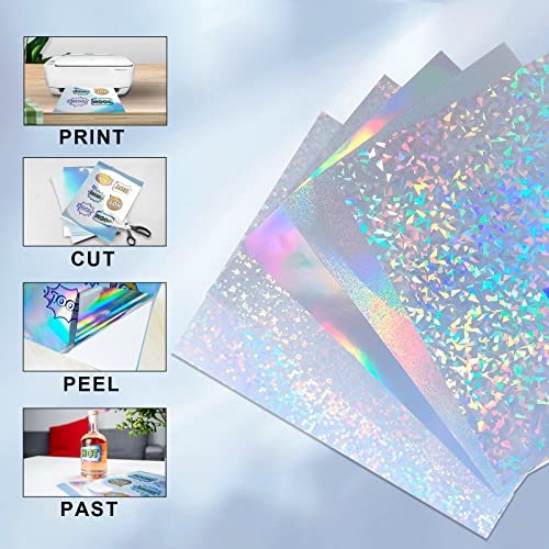 Uinkit 60 Pack Printable Holographic Sticker Paper For Inkjet And Laser Printer 8.5X11 Inches Printable Waterproof Vinyl Sticker,Dries Quickly (60Pack, Variety Pack-5 Color) #TOP2