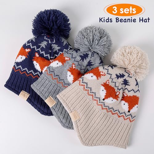 XOMZG Beanie Knit Hats for Toddlers with Earflap Fleece Lined Hat Kids Warm Winter Hat Children\'s Thick Ski Cap 3pcs - Thumbnail 2