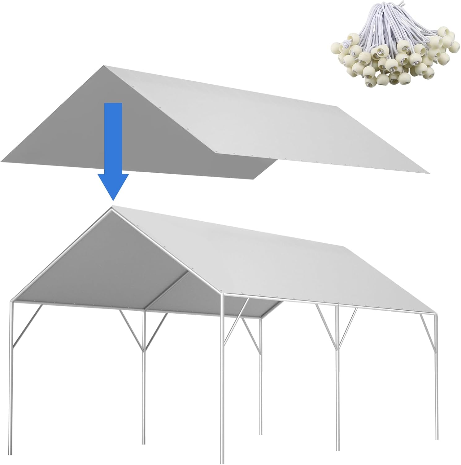 Canopy Tarp Replacement Cover for 12' x 20' Carport Frame, 200G Heavy Duty Replacement Top Cover for Car Garage, Waterproof & UV Protected Tarp with 50 Ball Bungees (Only Cover), White