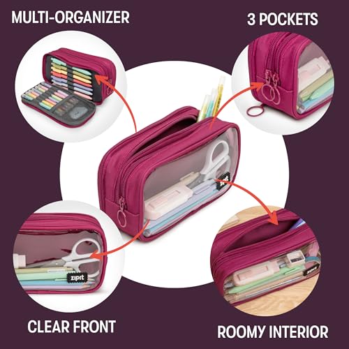 Image of ZIPIT Half & Half Pencil Case for Girls, 3 Compartment Zipper Pouch for School, Stationery Bag for Teen and Adults, Pink