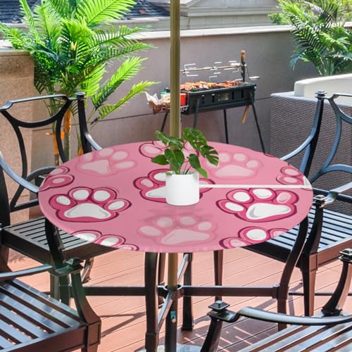 Tablerazzi Cat Dog Paw Round Outdoor Tablecloth with Umbrella Hole and Zipper Cute Paw Print Fitted Tablecloth Wipeable Table Cloth for Picnic Garden, 36''-44''