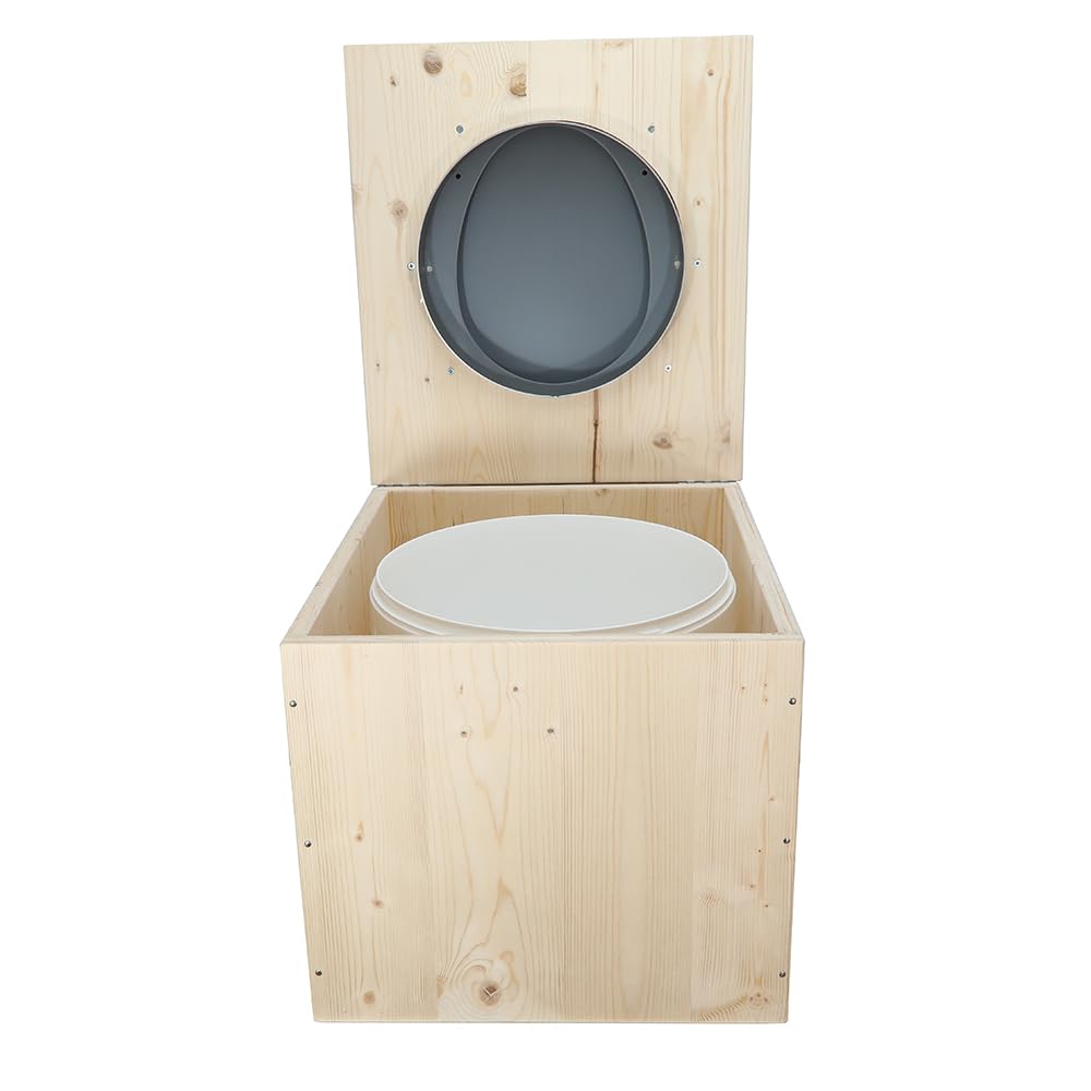 Toilette sèche en bois avec bavette inox et seau 22L plastique - La gris clair 22 litres - Fabrication Française - N9F4