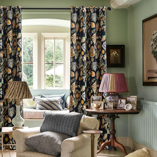 Image of XiDi Navy Blue Blackout Floral Curtains Extra Long 120 Inches Large Window | 2 Panels Grommet Drapes Thermal Insulated Vintage Luxury for Living Room Dining Room Floor to Ceiling 10 FT 52x120