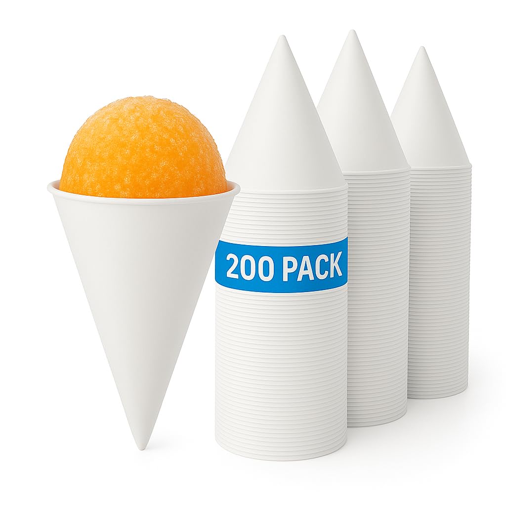 C&S Event Supply Co. 4.5 oz Snow Cone Cups - 200 Pack - White Paper Cone Cups with Rolled Rim, Disposable for Water Dispenser, Office Coolers, Shaved Ice, Slushies, Ice Cream, Sports Events & More