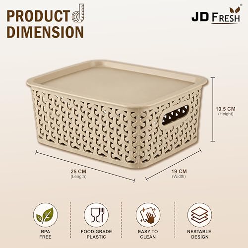 Image of JD Fresh Pack of 3 Premium Plastic Storage Basket with Lid /Smooth Handle Design&Stackable Storage Organizer /Durable Kitchen Storage Basket for Clothes, Vegetables, Fruits, Toys and Stationery(Biscuit)