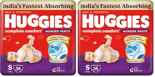 Image of Huggies Complete Comfort Wonder Pants | Pant Style Baby Diapers S Size, 56 Count | India's Fastest Absorbing Diaper, Patented Dry Xpert Channel, Ideal for 4 to 8 Kgs (Pack of 2)