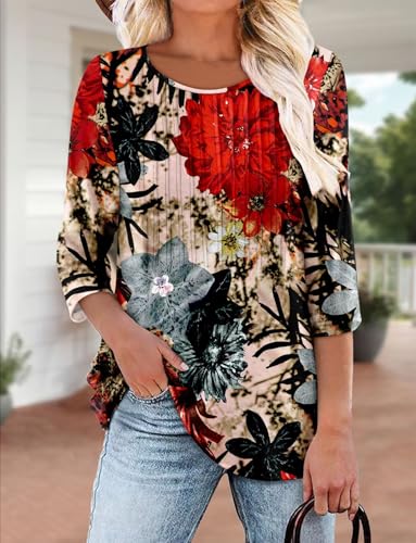 KISSMODA Tunic Tops for Women Loose Fit Dressy Round Neck Pleated 3/4 Length Sleeve Spring Tops