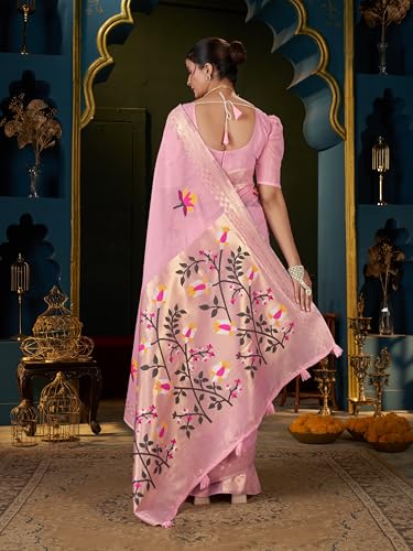 Image of MADHUHANSH Women's Cotton Linen Saree with Unstitched Blouse Piece and Floral Printed Pattern | Women Saree for Special Occasion | Stylish Modern Sarees