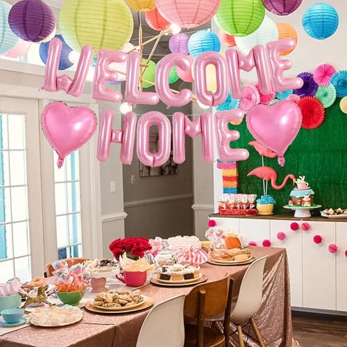 Image of TONIFUL 16 Inch Pink WELCOME HOME Foil Letter Balloons Banner Decorations