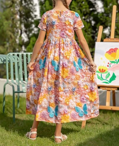 RONGTAI Girls 3D Dress for Girls Printed Short Sleeves Casual Summer Dresses with Pockets for 4-15Y Kids Outfits3