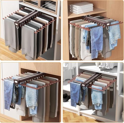 Image of ๐๐๐๐๐ Pull-Out Pants Rack Organizer for Wardrobe, 20 Rod Sliding Trouser Hanger for Closet, Heavy Duty Space Saving Jeans & Pants Holder with Smooth Slide Rail, Wardrobe Organizer - Grey