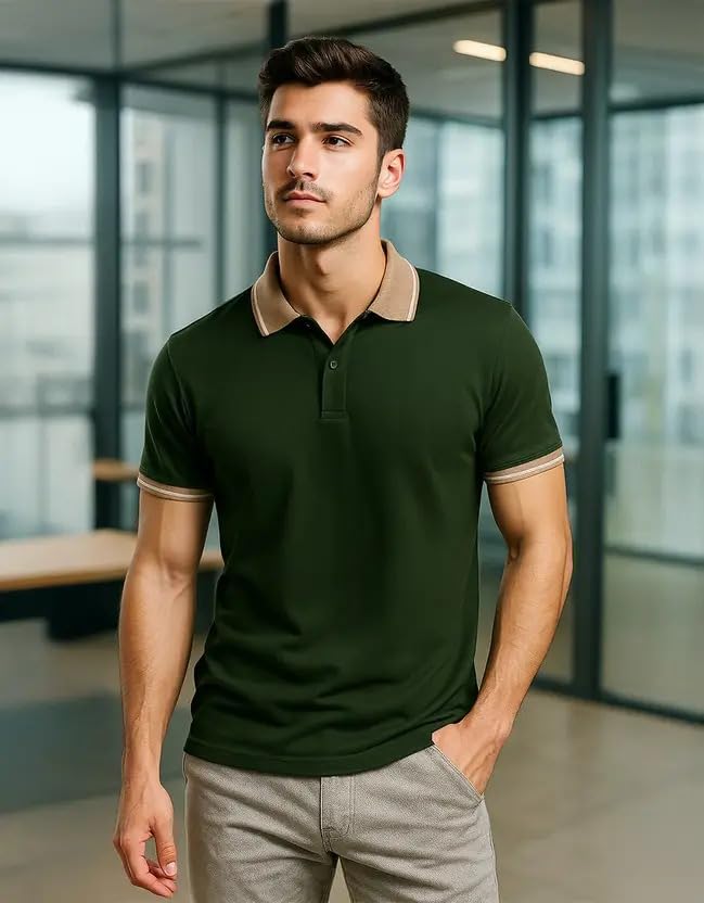 Image of Veirdo Pure Cotton Half Sleeves Regular Fit Plain Solid Classic Polo Colored Collar T-Shirt for Men (Colors: Olive, Black & White)