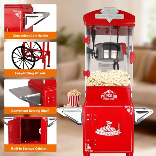 Image of 10oz Popcorn Machine with Cart, Popcorn Maker Machine, Red