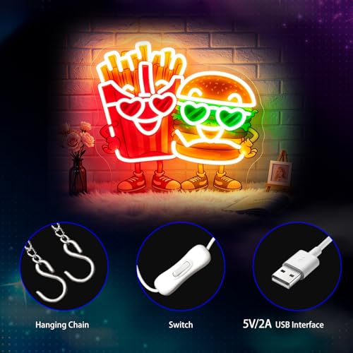 Image of Neon Sign, Hamburger French Fries Neon Signs for Wall Decor - LED Signs for Business, Restaurant, Kitchen, Party - USB Powered Light Up Sign Decorations
