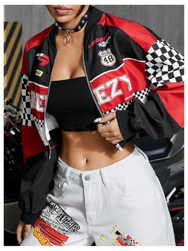 GORGLITTER Women's Racing Jacket Zip Up Cropped Varsity Jacket Color Block Letter Graphic Motorcycle Biker Coats3