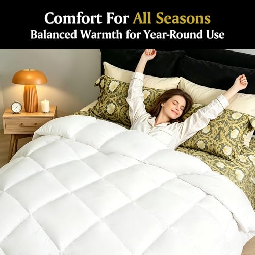 Image of Beautyrest Goose Down Fiber Comforters Queen Size All Season Duvet Insert | 100% Cotton Fabric, Lurury Hotel Collection, Fluffy Breathable Bedding Comforters, 8 Corner & Center Loops, 90x90 Inch