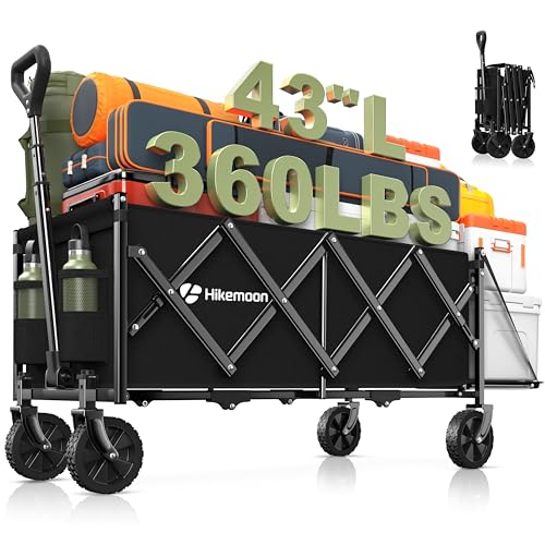 Hikemoon 43'' Extra Long Collapsible Wagon with Extended Tailgate, 360LBS Heavy Duty Wagons Carts Foldable, Portable Folding Outdoor Utility Cart for Grocery, Shopping, Garden, Camping, Black