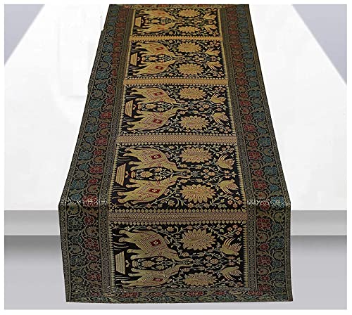Image of Home Decor Brocade Silk Table Runner for Dinning Table & Centre Table Elephant & Peacock / 16 X 60 Inches (Black)