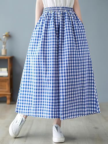 ebossy Women's Cotton Linen Plaid Pants Elastic High Waist Wide Leg Palazzo Capris Gingham Pants2