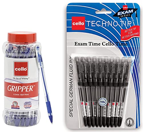 Image of Cello Gripper Ball Pen | Jar of 25 | Blue Ball Pens Technotip Ball Pen Set (Pack of 10 pens - Black)