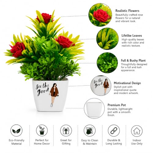 Image of 4 Pack Artificial Plants with Smiley Pot for Home Decoration, Decorative Plastic Flower Plant for Office Desk, Living Room, Bedroom & Table Decoration Artificial Flower Plants