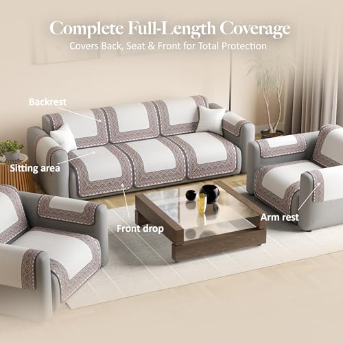 Image of Kuber Industries 5 Seater Sofa with Arm Cover | Slipcover for Living Room | Thick & Cozy | Non-Slip Comfort Sofa Cover Set | Paradise Diamond 1372 - Cream & Purple