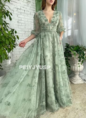 Long Sleeve Prom Dress 3D Butterfly Tulle Ball Gown for Women 2025 V Neck Puffy Formal Evening Gowns with Pockets3
