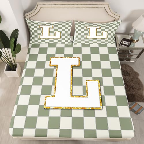 Image of Erosebridal Sage Green Checkered Sheet Set King Plaid Initial L Bed Sheets Personalized Monogram Bedding for Kids Boys Girls,Fashion Grids Gingham Bed Sheets Set 4 Piece