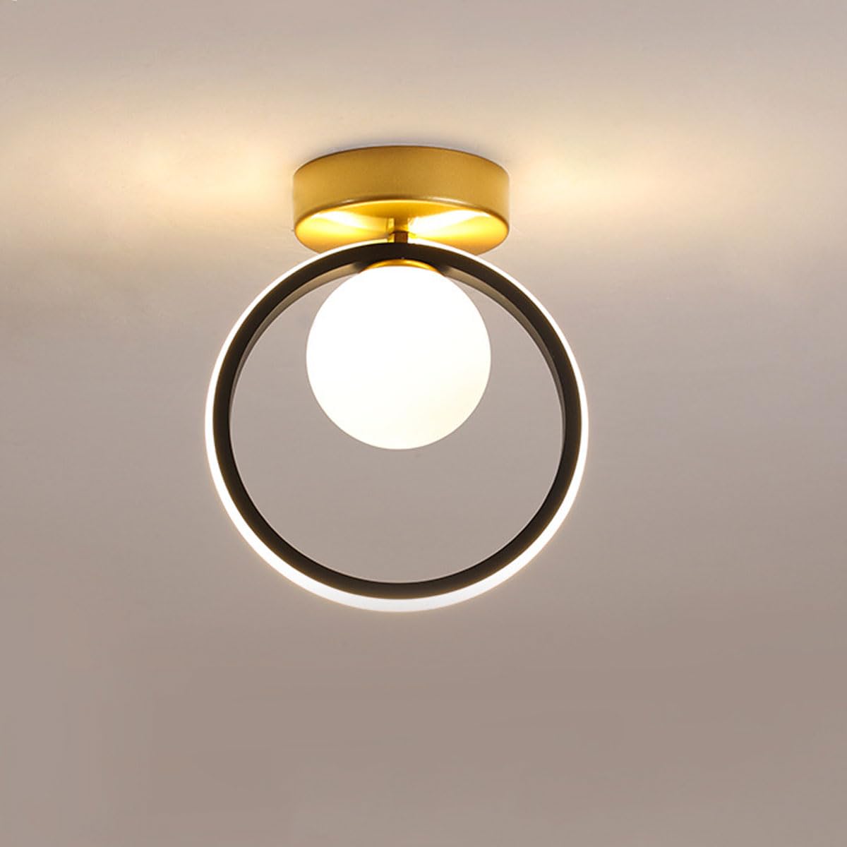 LANTANB Circular Corridor Black and Gold Ceiling Lamp Glass Lampshade Flat Lighting Creative Nordic Wardrobe Ceiling Lights Suitable for Balcony