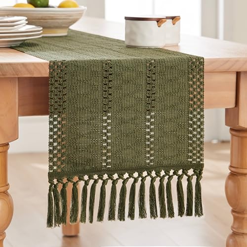 Image of ZeeMart Macrame Style Boho Table Runner, 12x72 Inch Moss | Woven Boho Table Runner with Handmade Tassels, Crochet Hollow Table Scarf, Farmhouse Kitchen Home Decor Dresser Runner