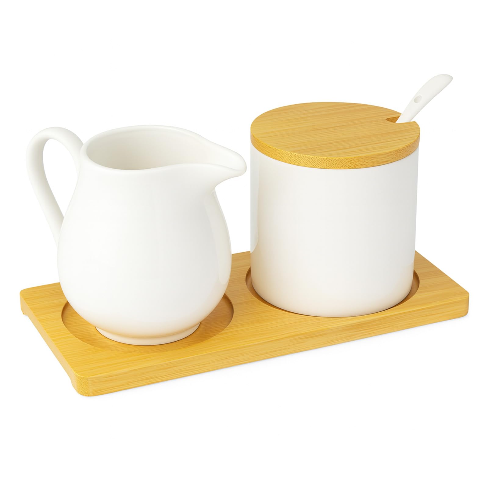 Set di latte e zucchero con coperchio e cucchiaio, brocca per latte in ceramica bianca e zuccheriera con vassoio in legno, lavabile in lavastoviglie e microonde