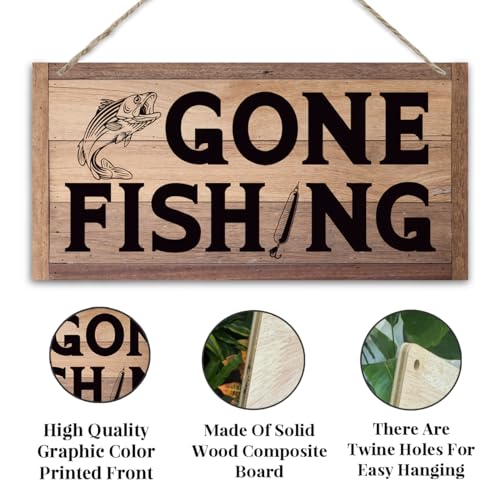 Letrero de madera Gone Fishing para pared de casa de lago rustica 4