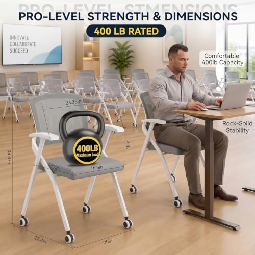 Image of Folding Office Chair with Wheel,Conference Room Chairs with Smooth Armrest-Mesh Back,Rolling Stackable Foldable Desk Chair for Guest Reception Meeting Classroom Training Seminar,Gray∰with w