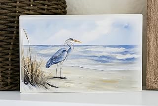 Poor Boy Woodworks Mini Heron Beach Sign - Rustic Seaside Bird Decor With Ocean Background - Small Wooden Coastal Block Sign Accent