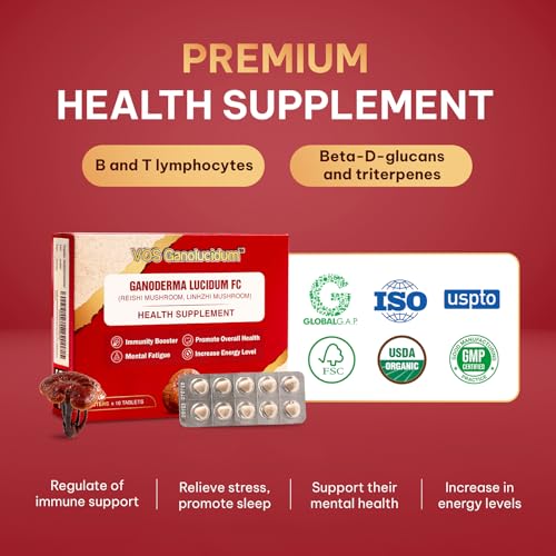 VOS GANOLUCIDUM - Red Reishi Mushroom Supplements Tablets for Immunity, Ganoderma lucidum FC Extract, Natural Reishi Mushrooms Daily, 40mg, 60 Tablets (10 Tablets x 6 Blisters) - Image 4